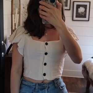 Zara White Linen Square Neck Top